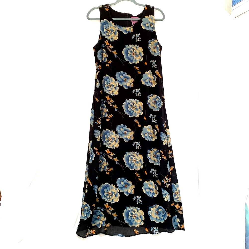 Vintage 90s Womens Midi Sleeveless Dress Size L Black Blue Floral Asian Print